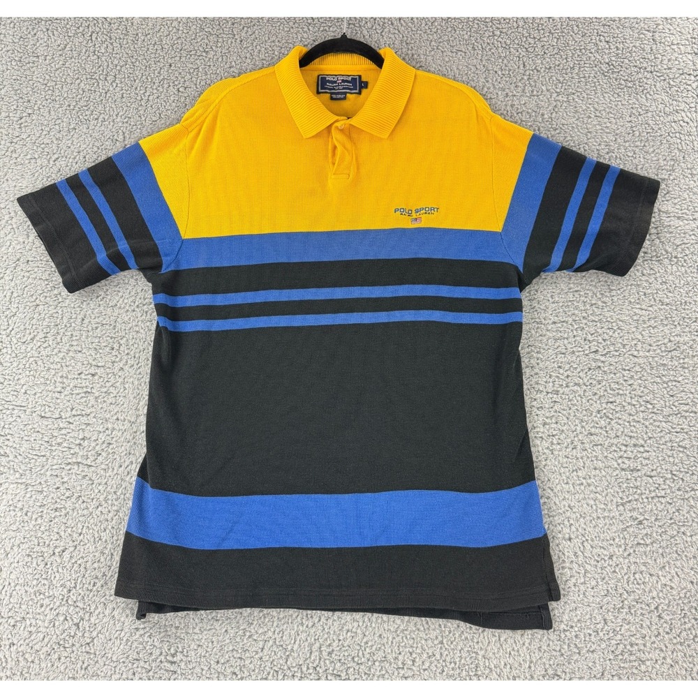 Ralph Lauren Polo Sport Shirt Men Large Yellow Black Stripe Short Sleeve Vintage